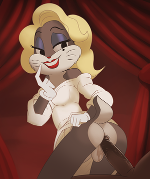 e621 anal anal_penetration anthro backsack balls beauty_mark breasts bugs_bunny clothed clothing crossdressing duo erection fridge_(artist) girly hair lagomorph looney_tunes lube male male/male male_penetrating mammal nude penetration penis sex solo_focus