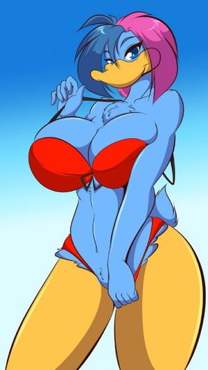 e621 2016 anthro avian beak big_breasts bikini bird blue_eyes blue_feathers blue_hair breasts cleavage clothed clothing duck feathers female hair hi_res huge_breasts jupiter_(mastergodai) mastergodai multicolored_hair non-mammal_breasts pink_hair solo swi