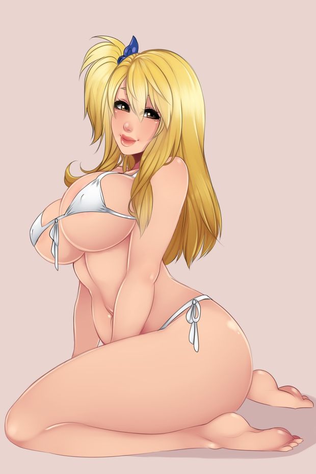 ass bikini blonde_hair blush breasts fairy_tail highres large_breasts law-zilla lucy_heartfilia smile