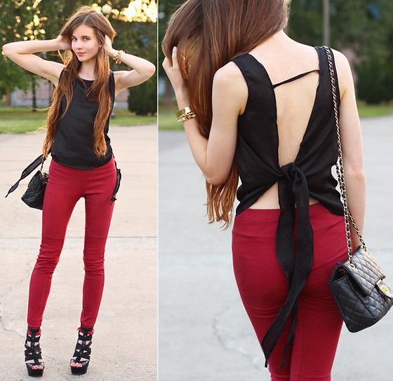 Ariadna Majewska - Asos Black Sleeveless Backless Bow Chiffon Vest, Adina Red Moto Jeggings, Arafeel Black Bag With Chain, Asos Black Leather Heels, Back Stage Gold Cuff Bracelet, Vjstyle Gold Spike Bracelet, Romwe Beige Bracelet - Backless top