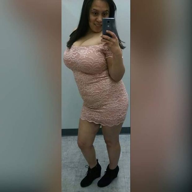 Argentina BBW model Victoria García is wearing her small unfit dress because she love to show her Huge Giant Juicy milky boobs and hugebelly