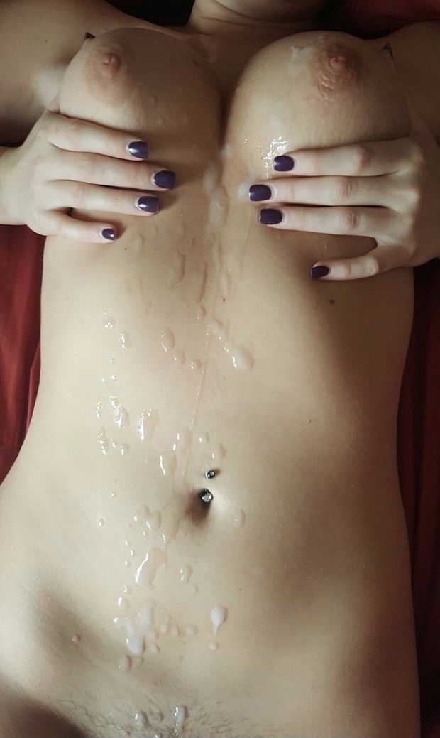 Cum splashed across beautiful body. Bonus tit grab!