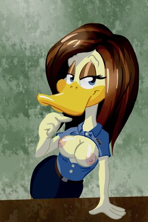e621 anthro avian beak belt big_breasts bird blue_eyes breasts brown_hair clothed clothing duck eyelashes female hair half-closed_eyes long_hair looney_tunes nipples non-mammal_breasts pink_nipples shirt simple_background skirt smile snus-kun solo the_loo