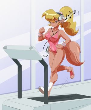 e621 anthro big_breasts blonde_hair breasts callie_briggs cat cleavage clothed clothing epictones feline female fur hair hi_res jogging leotard mammal music ponytail sneakers swat_kats tan_fur walkman wristband