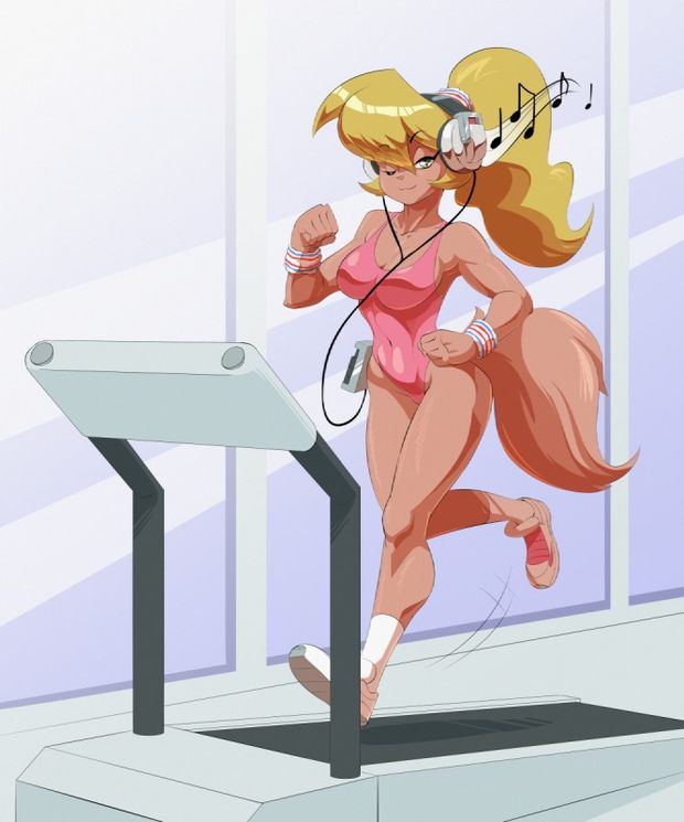 e621 anthro big_breasts blonde_hair breasts callie_briggs cat cleavage clothed clothing epictones feline female fur hair hi_res jogging leotard mammal music ponytail sneakers swat_kats tan_fur walkman wristband