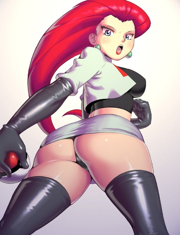 e621 absolute_territory apostle blue_eyes breasts butt clothing eyebrows eyelashes female gloves hair holding_object holding_pokéball human jessie_(team_rocket) legwear lipstick looking_at_viewer looking_back makeup mammal nintendo not_furry panties pokéb