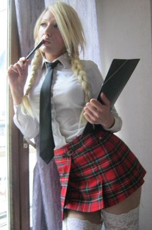 blonde babe in short playd skirt waithing for two masters cocks