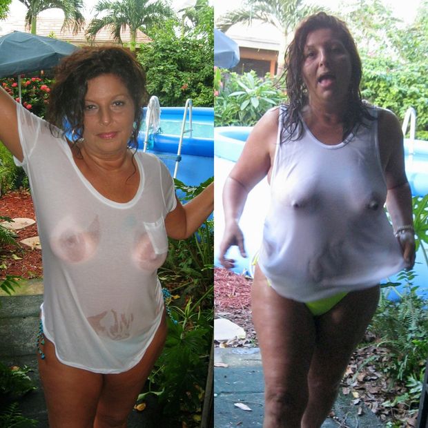 Mature showing her big wet tits