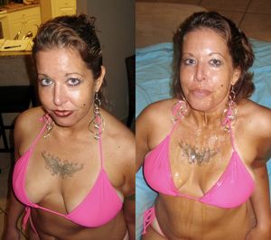 Before and after of pink bikini Milf facial