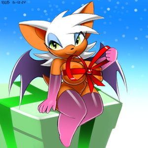 e621 2016 anthro areola bat big_breasts breasts christmas clothing female gloves green_eyes holidays legwear looking_at_viewer makeup mammal ribbons rouge_the_bat smile solo sonic_(series) stockings video_games xylas