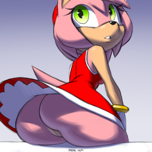 e621 2015 amy_rose anthro big_butt bottomless butt clothed clothing cute female green_eyes hair hedgehog looking_back mammal mobian_(species) no_underwear pink_body pink_hair pussy short_hair simple_background sitting skirt solo sonic_(series) upskirt xyl