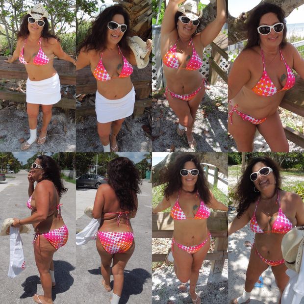 Big tit Milf takes off her skirt and shows bikini in parking lot