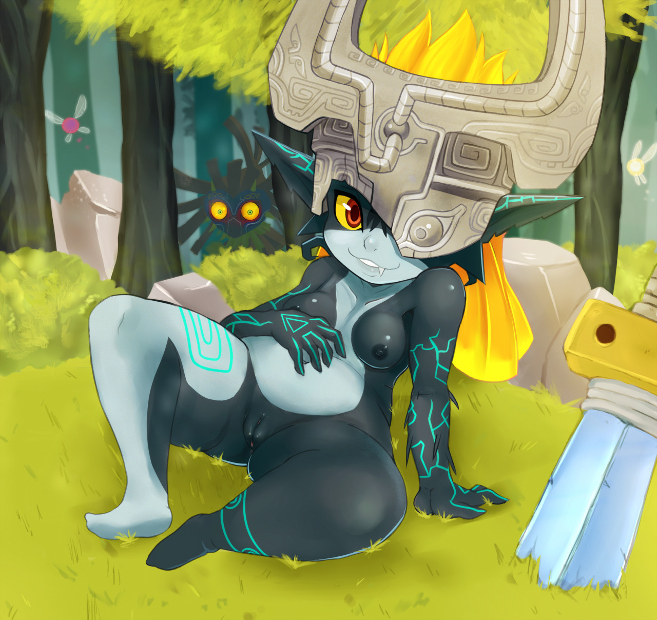 nintendo the legend of zelda midna imp mato spectoru high resolution uncensored arm support blonde breasts fang female hand on stomach helmet leaning back lips looking at viewer neon trim nipples nude one eye covered outdoors pointed ears red eyes sitting