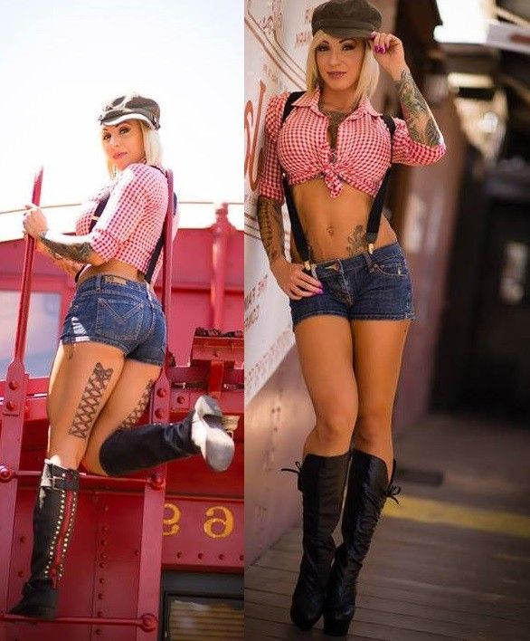 Tiffany Chase is a sexy woman in plaid cowgirl stuff & Daisey Dukes short shorts - fota tiedoff zxzx