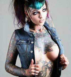 Sadie Fire in a button snap jacket - love is pain full - tattoos & Ink - fota gothh zxzx