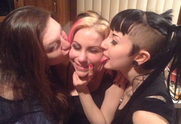 Porpfy licks her friend's face with her wierd hair cut - gothh cool looking punk babe
