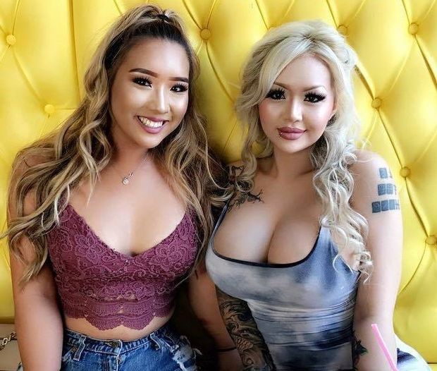 A Z E E E N Barbie w/ bimbo friend Lacy taking cleavage shot for Facebook - fota asiann