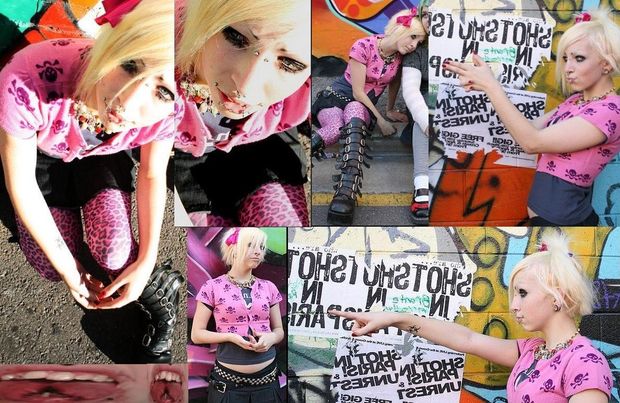 Monique Deville is a rad bass cool chick with radical style in her emo pink clothes & fake gun fingers - SGB zxzx gothh cooll