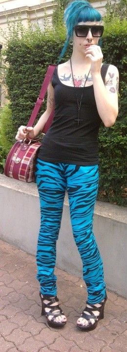 Monique Deville has de coolest vile wicked cool pants & I want them & you do too, with blue & black zebra print - SGB gothh cooll pantss