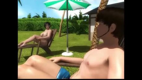 Garden threesome with their busty stepmom