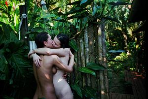 Hot women makeout in outdoor shower