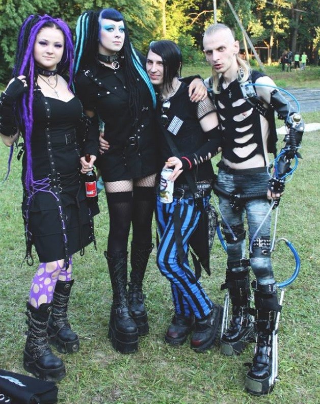 Little Billy The Drug Addict are a bunch of goth people with gothicly dressed gothic babes outside at emo fest - SGB gothh
