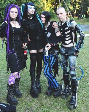 Little Billy The Drug Addict are a bunch of goth people with gothicly dressed gothic babes outside at emo fest - SGB gothh