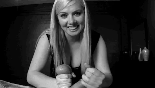 Hot blonde squeezes his big balls hard