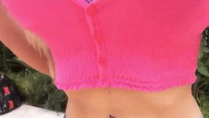 Bailey Slade is wearing pink halter top with buttons on top while in Rio - SGB pinkk ZXZX