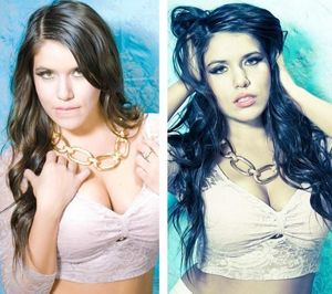 Louise Turpin has cleavage that shows in her halter top with both black and brown hair as she is a super glamor model - SGB