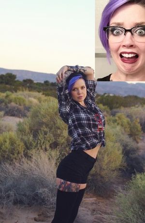 Pareidolia Suicide is non-nude skank in the great outback of Australia doing a photo shoot in a tied off plaid button up shirt - SGB hff