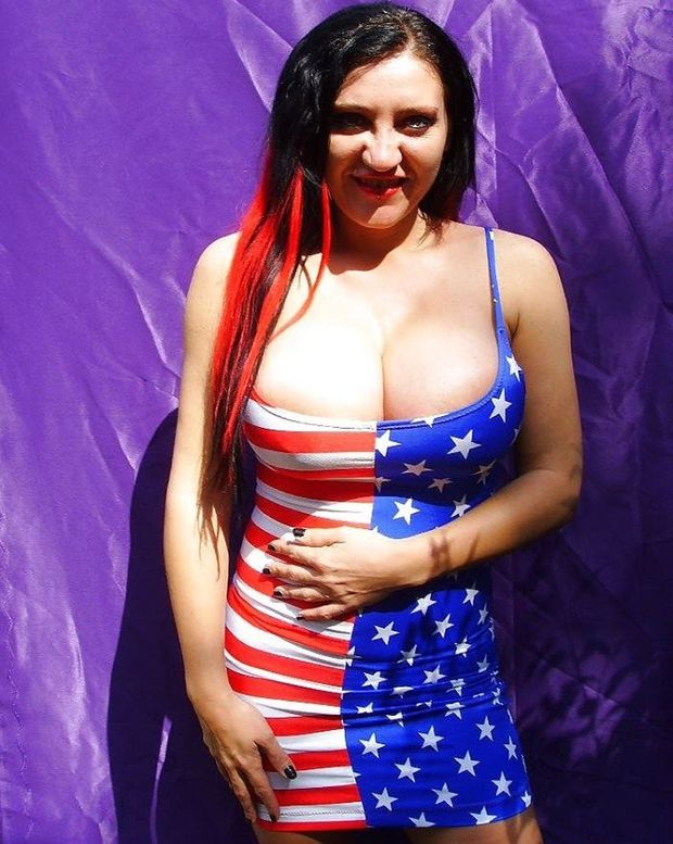 Ethelida Nematode is a milf porn star w/ big huge tits blaring out of her USA dress for America w/ cleavage - SGB USAmerica