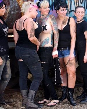 Bomby Blondshell has big tits w/ her bimbos out in the summer heat w/ tape on her altmodel nipples & cool tattoos - SGb gothh ta2