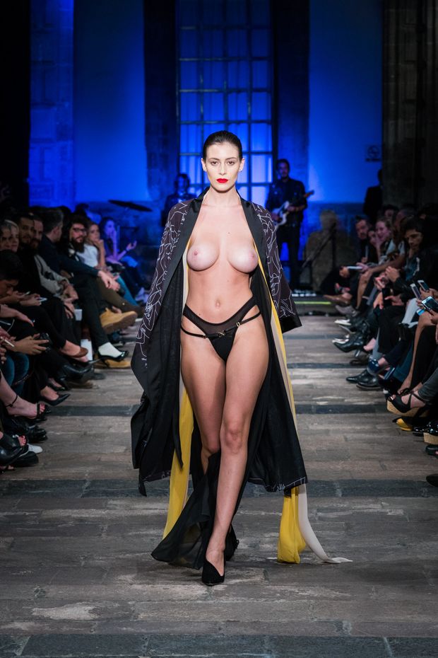 Topless Model On Walkway