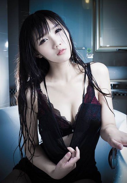Wet asian in black lingerie