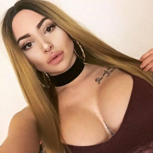 Fat Latina bitch with huge boobs as a non-nude super model of bimboism w/ caked make-up & giant plump lips & cleavae - SGB lipz
