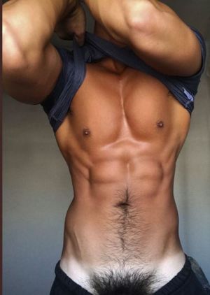 Smooth chest, hairy abs, dark pubes