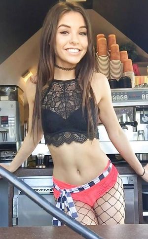 Eleni The Barista / Sweet Dee is little cute teenager aspiring amatuer glamour model w/ adorable cute face & fishnets stocking - SGB tteen