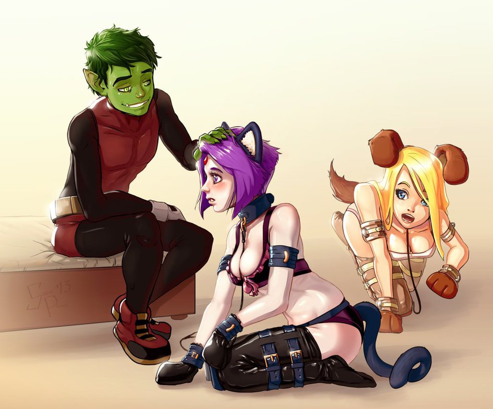 Beast with Raven & Terra engaging in Pet Play.