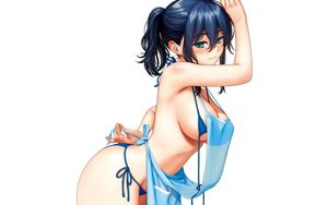 apron bikini blue_hair blush breasts green_eyes homunculus photoshop ponytail swimsuit wet white