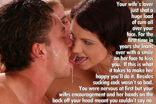 cuckold bi gets cumshot on his face and kiss his wife after - hotwife captions