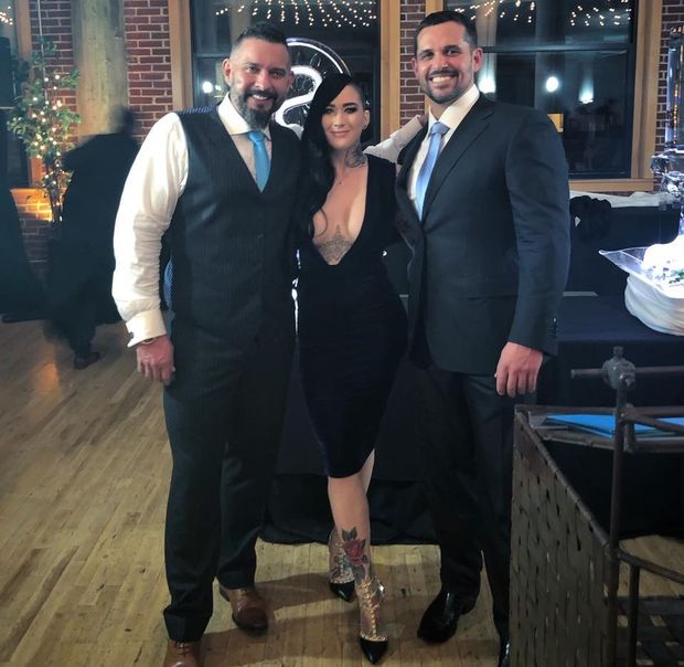 Genevieve Zitricki with her two boyfriends as a classy babe with style & grace in a tight little black dress - SGB holdd