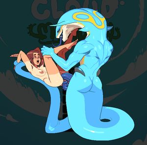 Snake-like creature double fucking a babe