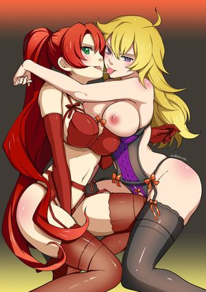 Yang and Pyrrha making out in lingerie