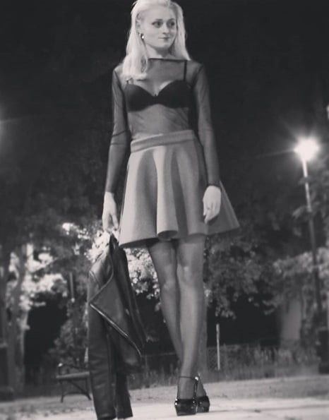 Blonde insta amateur in sheer blouse black bra and mini skirt