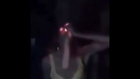 Deepthroating a glowing dildo