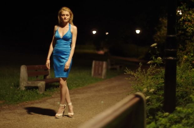 Hard nipples in blue satin dress