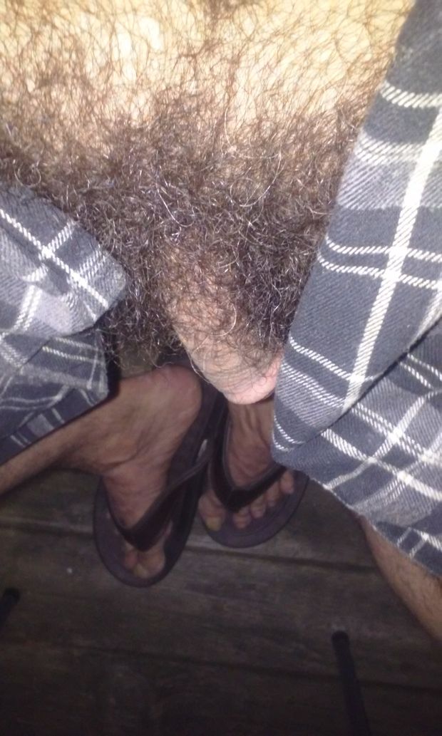 hairy open robe on the front porch