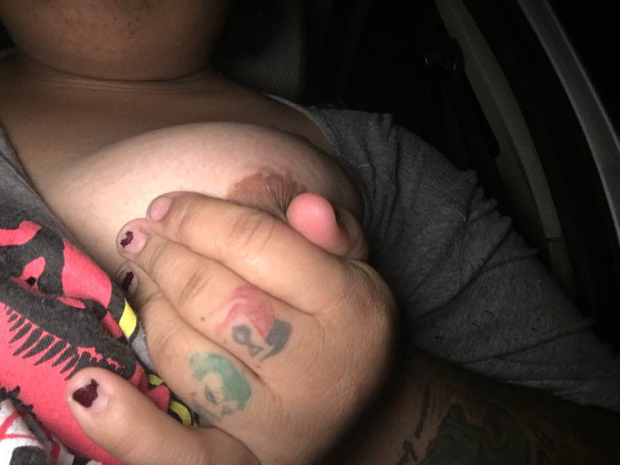 Fat slut drives around town with her tits out