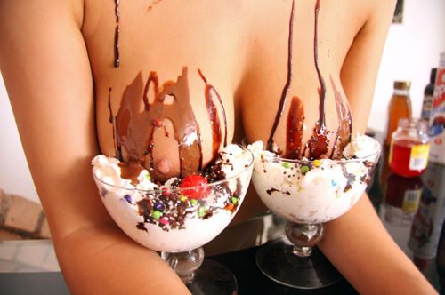 chocolate syrup and ice cream on her tits